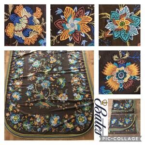 Vintage 1970s Bates Floral Twin Bedspread Fringe Brown Blue